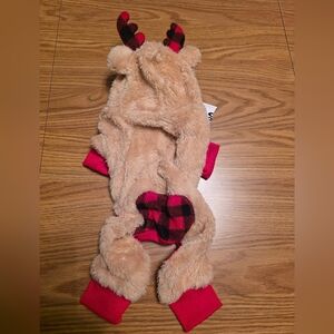 Plush Tan and Red Dog Jumpsuit With Reindeer Horns